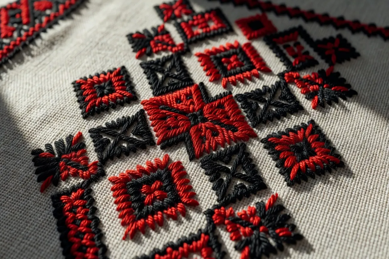 Detail d'un motif floral Khokhloma dore sur fond sombre : baies rouges et feuilles