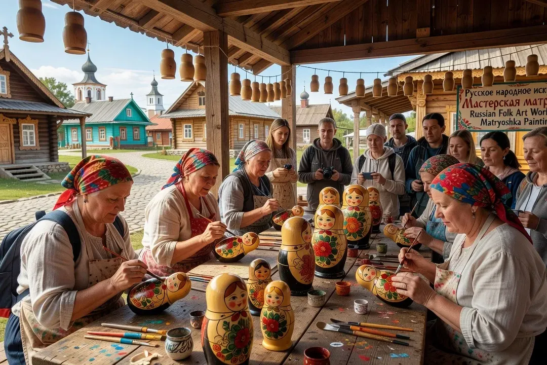 Objets d'artisanat russe Khokhloma et Gzhel exposés dans un atelier de manufacture