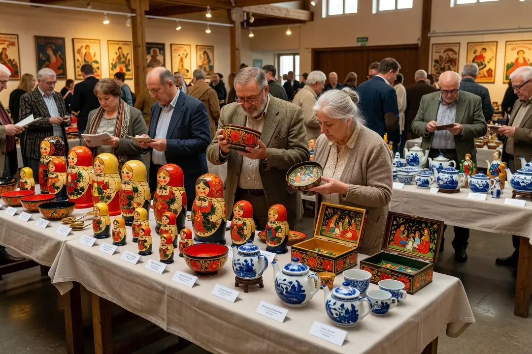 Collectionneurs examinant des pièces d'artisanat russe dans une foire spécialisée
