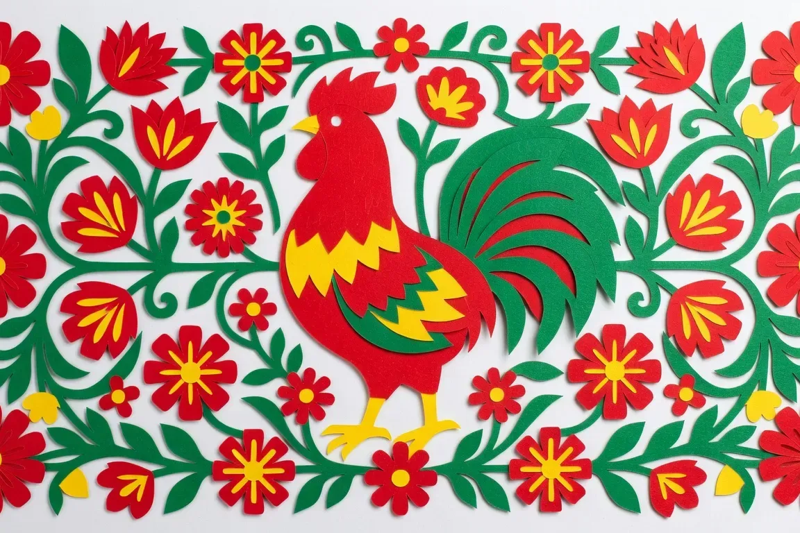 Motif wycinanki coloré — coq et fleurs de Łowicz