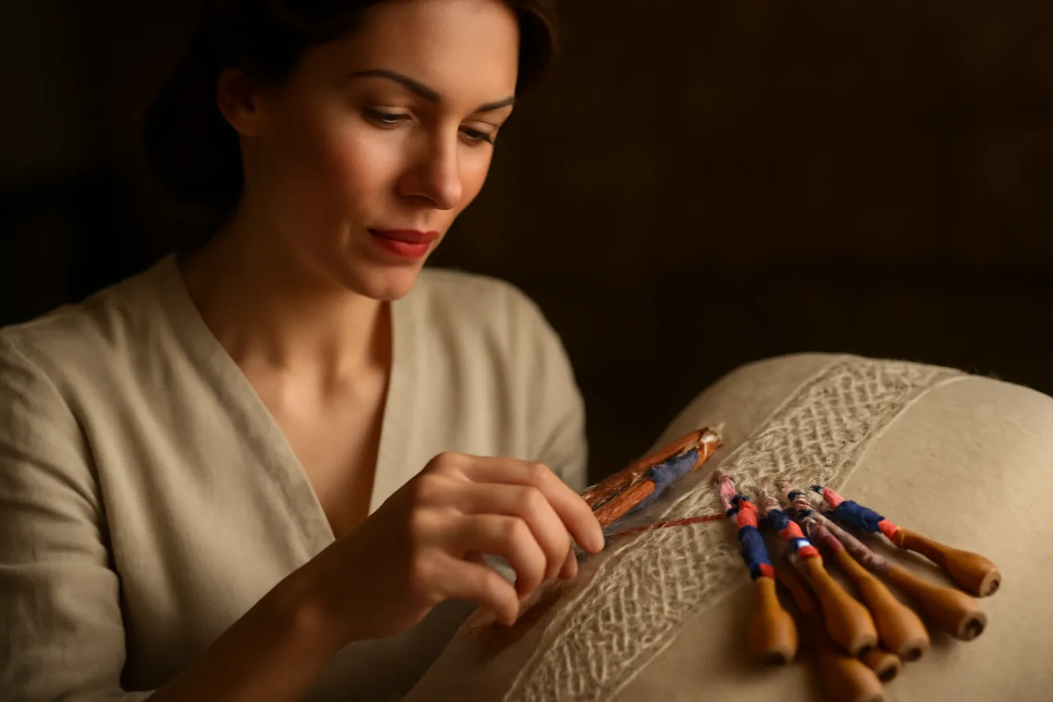 Dentellière travaillant un motif géométrique coloré sans patron, fuseaux et gimp de coton sur fond de lin