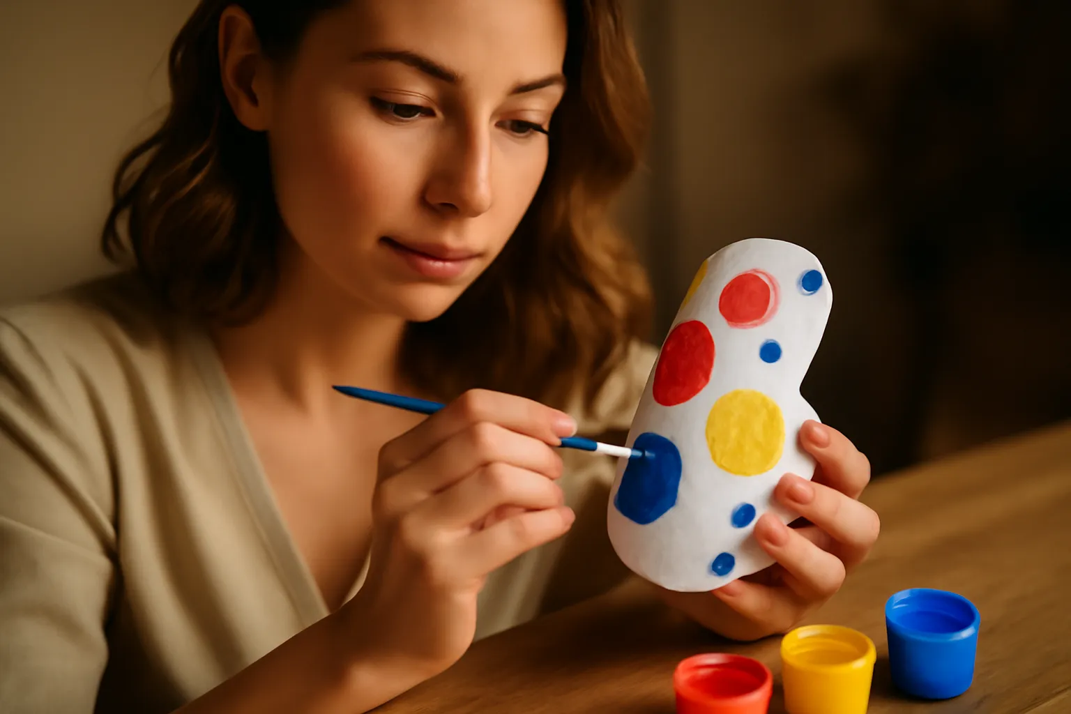 Atelier d'artisane peignant une figurine d'argile de Dymkovo blanchie à la craie