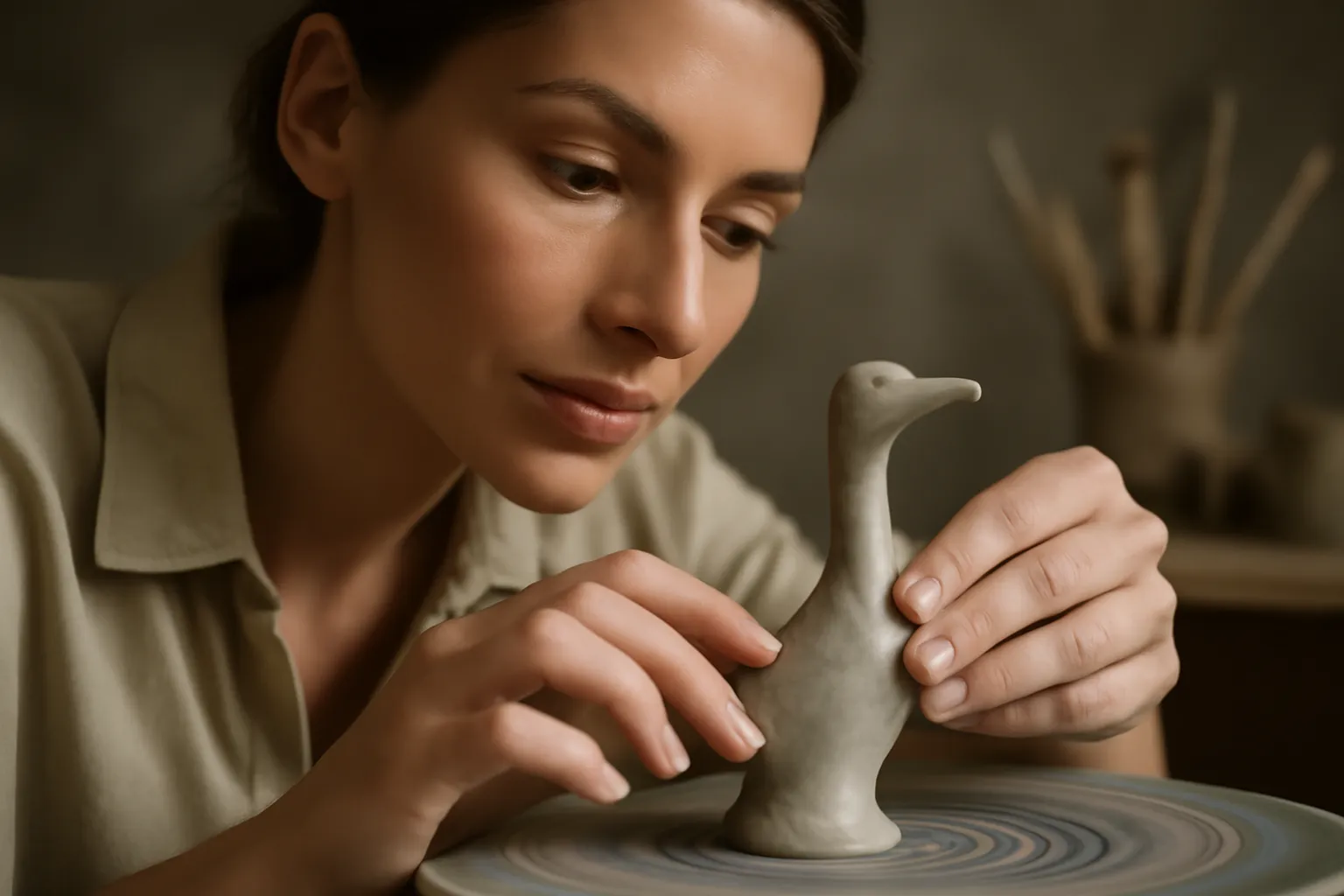 Mains d'artisane modelant un sifflet d'argile blanche de Filimonovo, forme étirée en cours de tournage