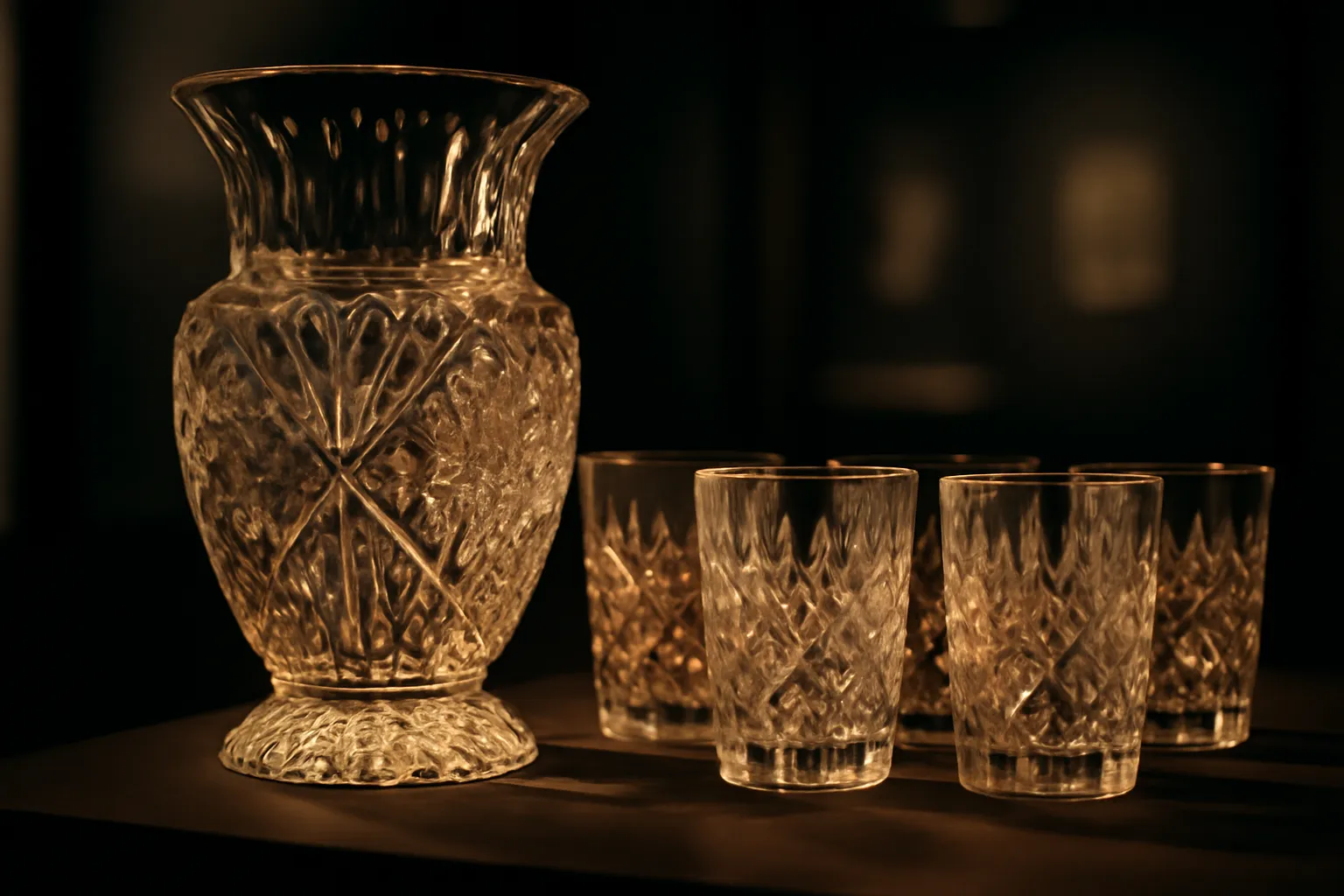 Pièces de cristal taillé de la manufacture Maltsov exposées, reflets caractéristiques du cristal russe du XIXe siècle