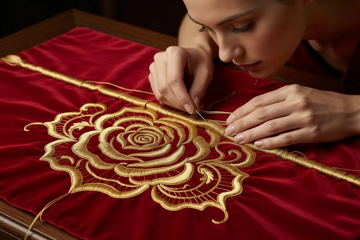 Brodeuse russe travaillant un motif floral au fil d'or sur un métier à broder traditionnel
