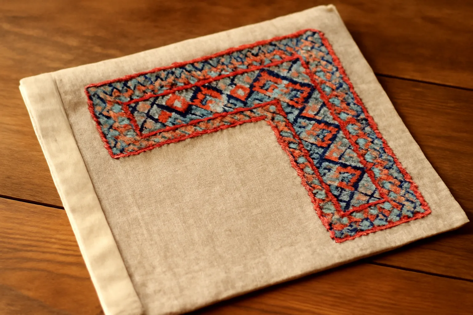 Pièce de dentelle géométrique colorée de Mikhailov, motifs rouges et bleus sur fond de lin naturel
