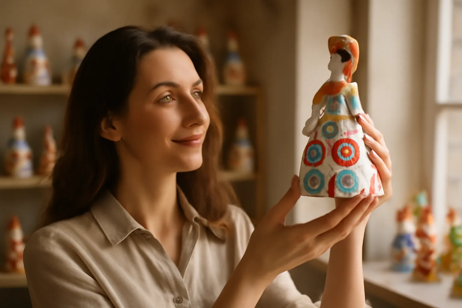 Artisane examinant une figurine de Dymkovo achevée, peinte de motifs géométriques colorés et de détails à la feuille d'or
