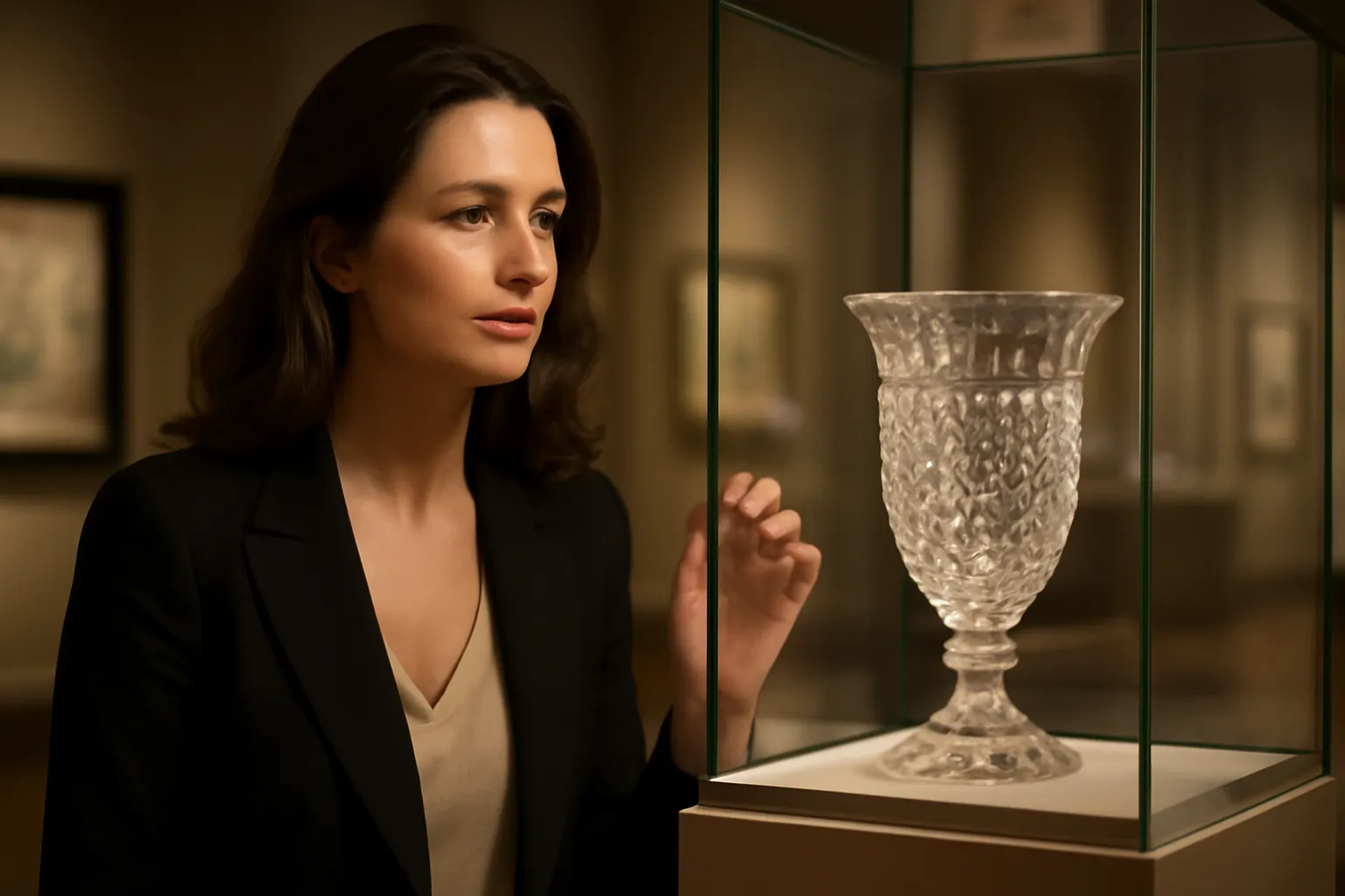 Visiteuse observant une pièce de cristal taillé au musée Maltsov