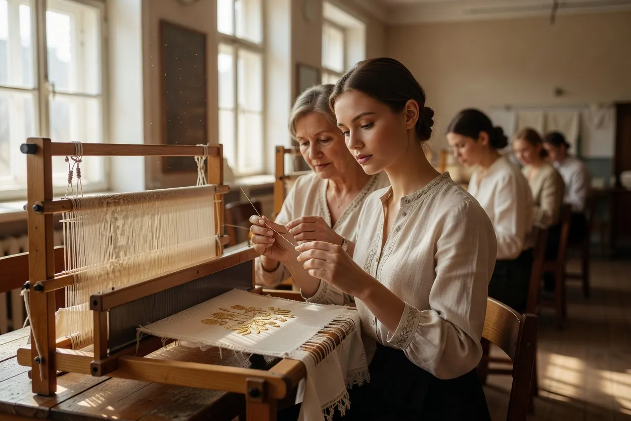 Apprentie brodeuse formée par une artisane expérimentée dans l'atelier-école de Torzhok