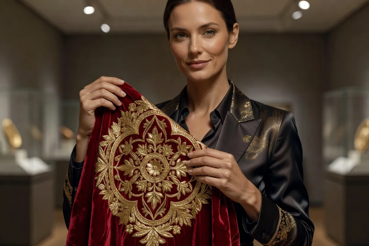 Pièce de broderie d'or achevée présentant un motif floral au fil métallique sur velours rouge