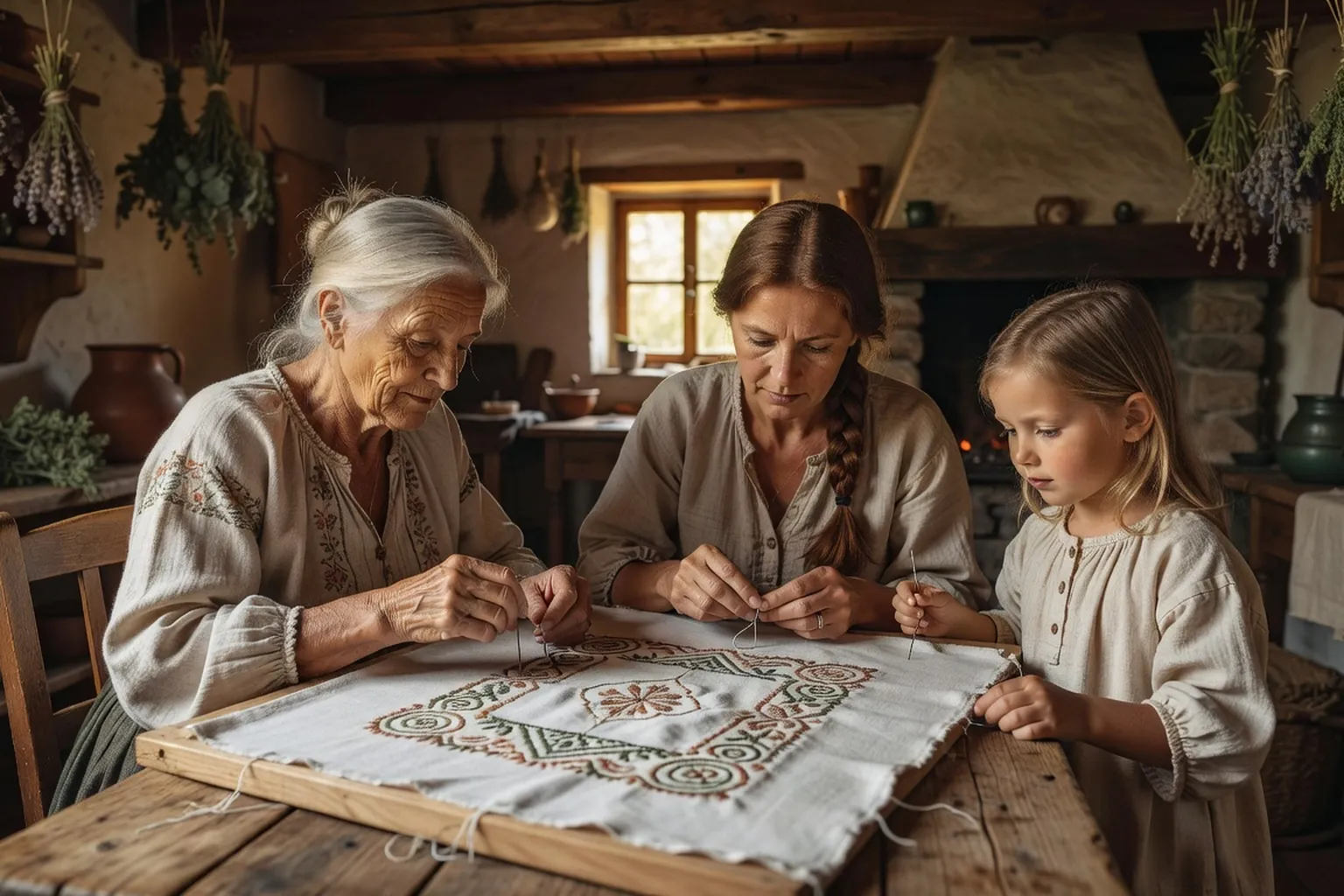 Femme ukrainienne décorant des pysanky à la cire chaude, bougie et stylet de bronze sur une table en bois
