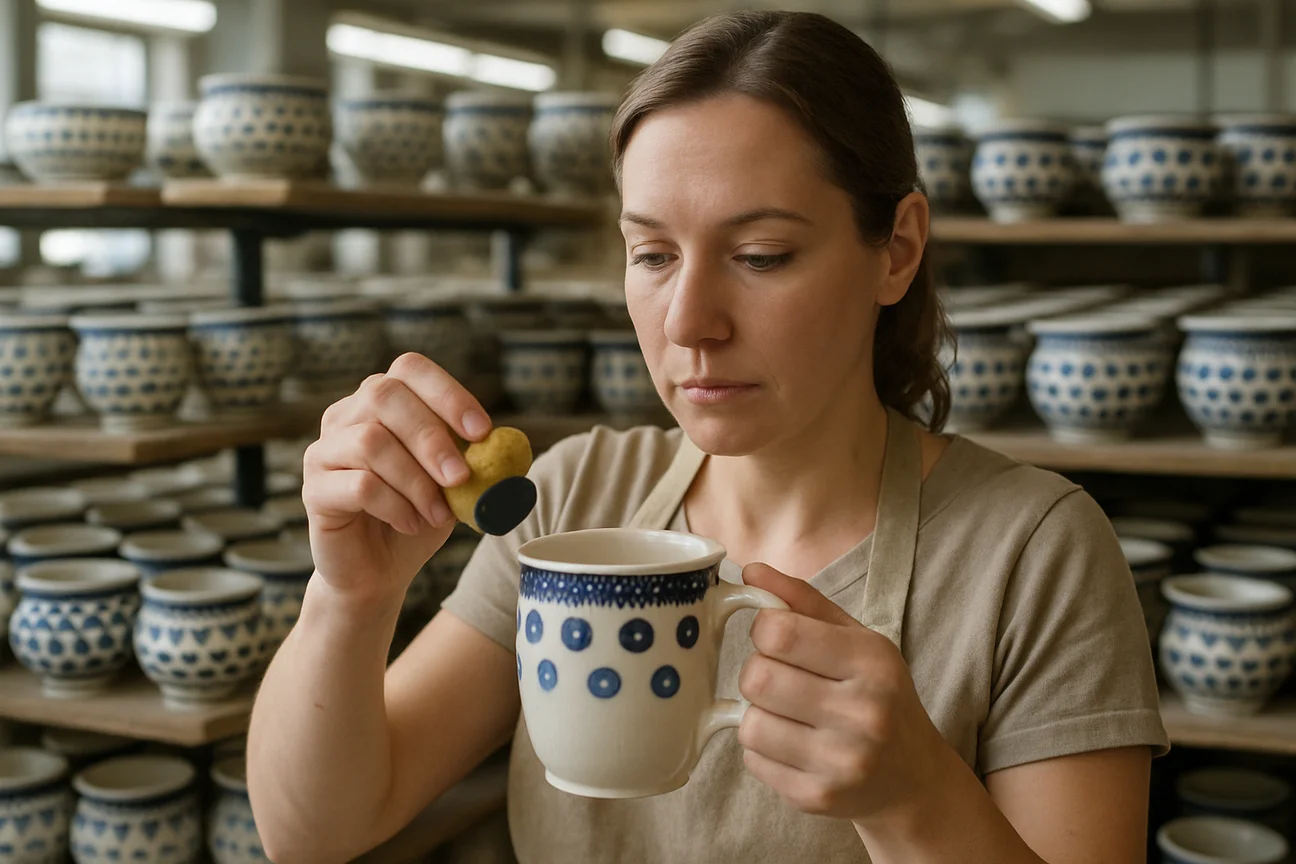 Décoratrice appliquant un motif bleu au poinçon-éponge sur une tasse blanche dans une manufacture de Bolesławiec