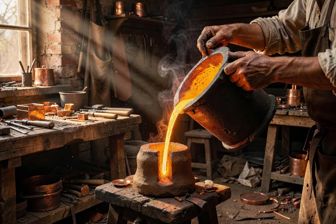 Artisan russe fondant une petite cloche en bronze dans un atelier traditionnel de Valdaï