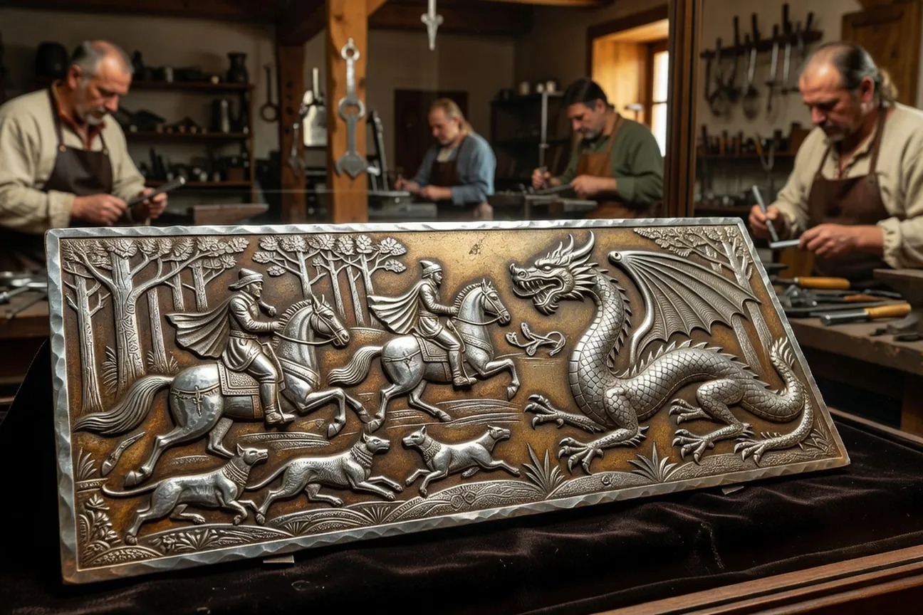 Plaque d'acier damasquinée d'argent montrant une scène de chasse russe et le dragon zilant gravés au burin