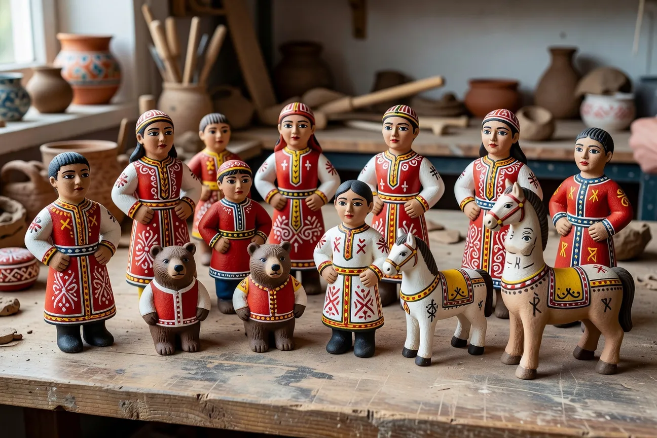 Figurines d'argile peintes inspirées du répertoire de Kargopol sur une table d'atelier.