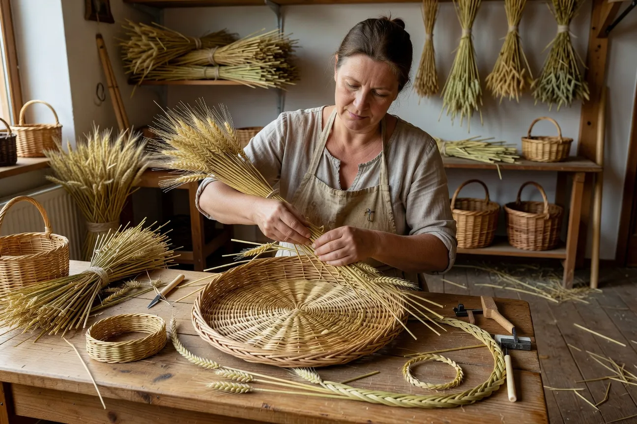 Artisane tressant de la paille en spirale sur une table de travail.