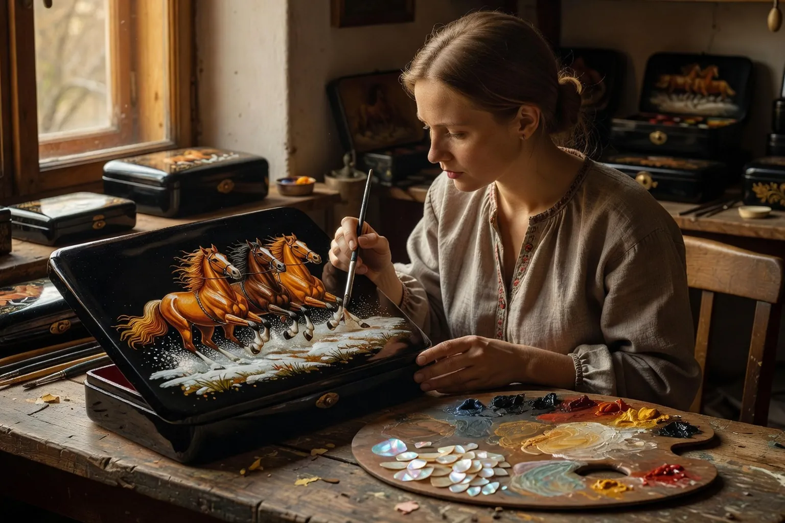 Vue d'un atelier de miniature laquée de Fedoskino avec tabatières et boîtes en papier mâché