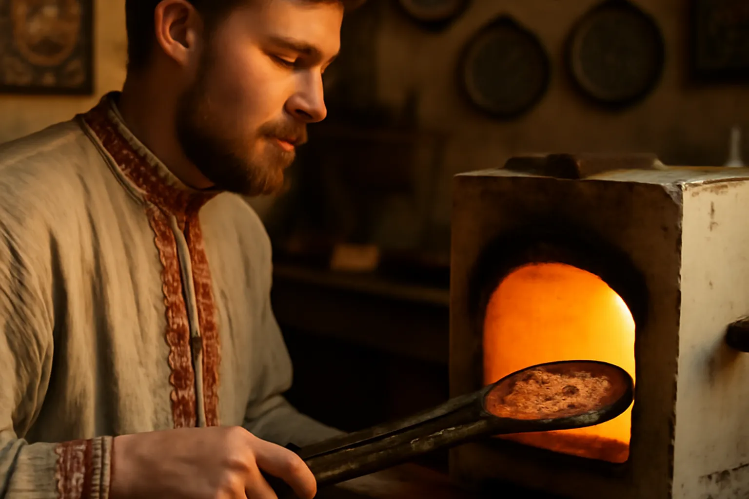 Plaque de cuivre émaillée sortant du four, reflets de l'émail blanc encore brûlant