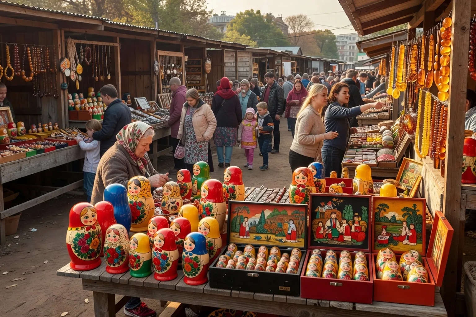 Ruelle centrale du Vernisazh d'Izmaïlovo, stands de matriochkas et de samovars sous les arcades en bois