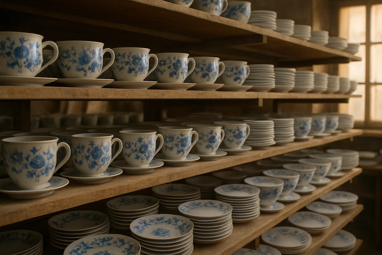 Rangées de tasses en porcelaine blanche décorées au cobalt bleu séchant sur des étagères d'atelier à Gzhel