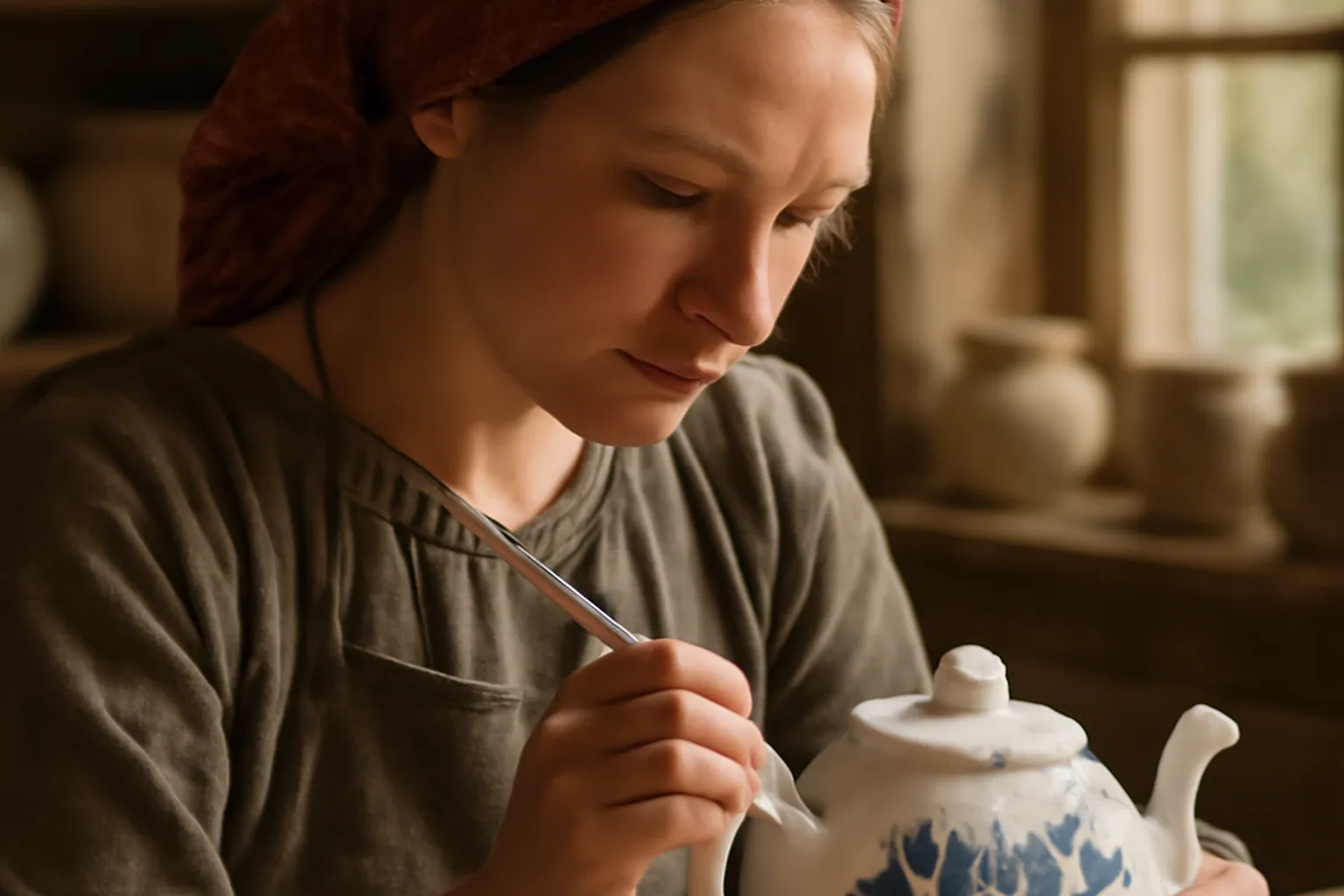 Atelier de céramique Gzhel avec pièces en porcelaine blanche en cours de peinture au cobalt bleu par une artisane russe