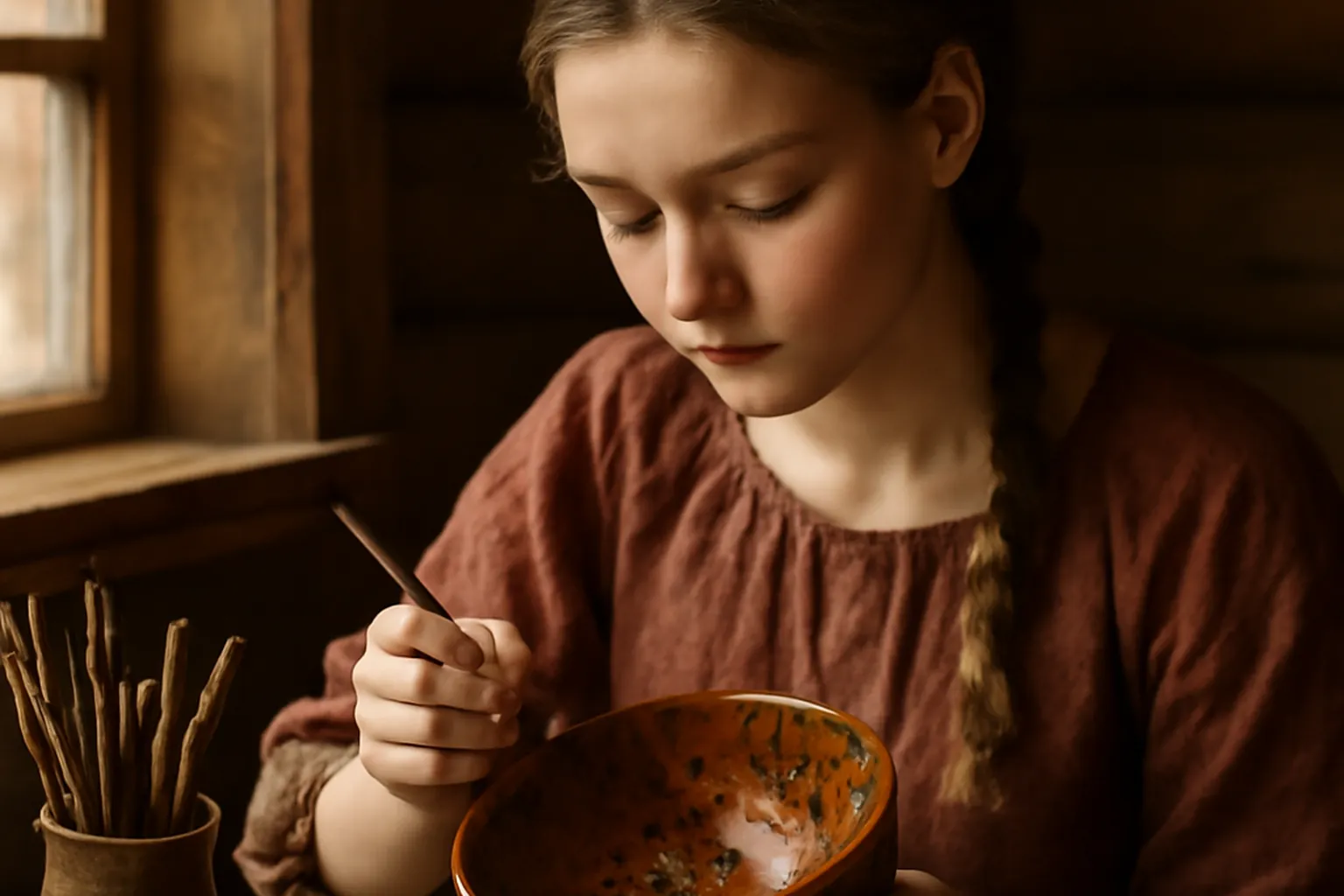 Pinceaux et palette d'un peintre Khokhloma avec pigments rouge cinabre et noir dans un atelier traditionnel russe