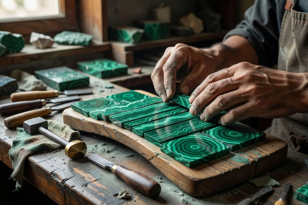 Un artisan assemble de fines lamelles de malachite en faisant correspondre leurs veines vertes.