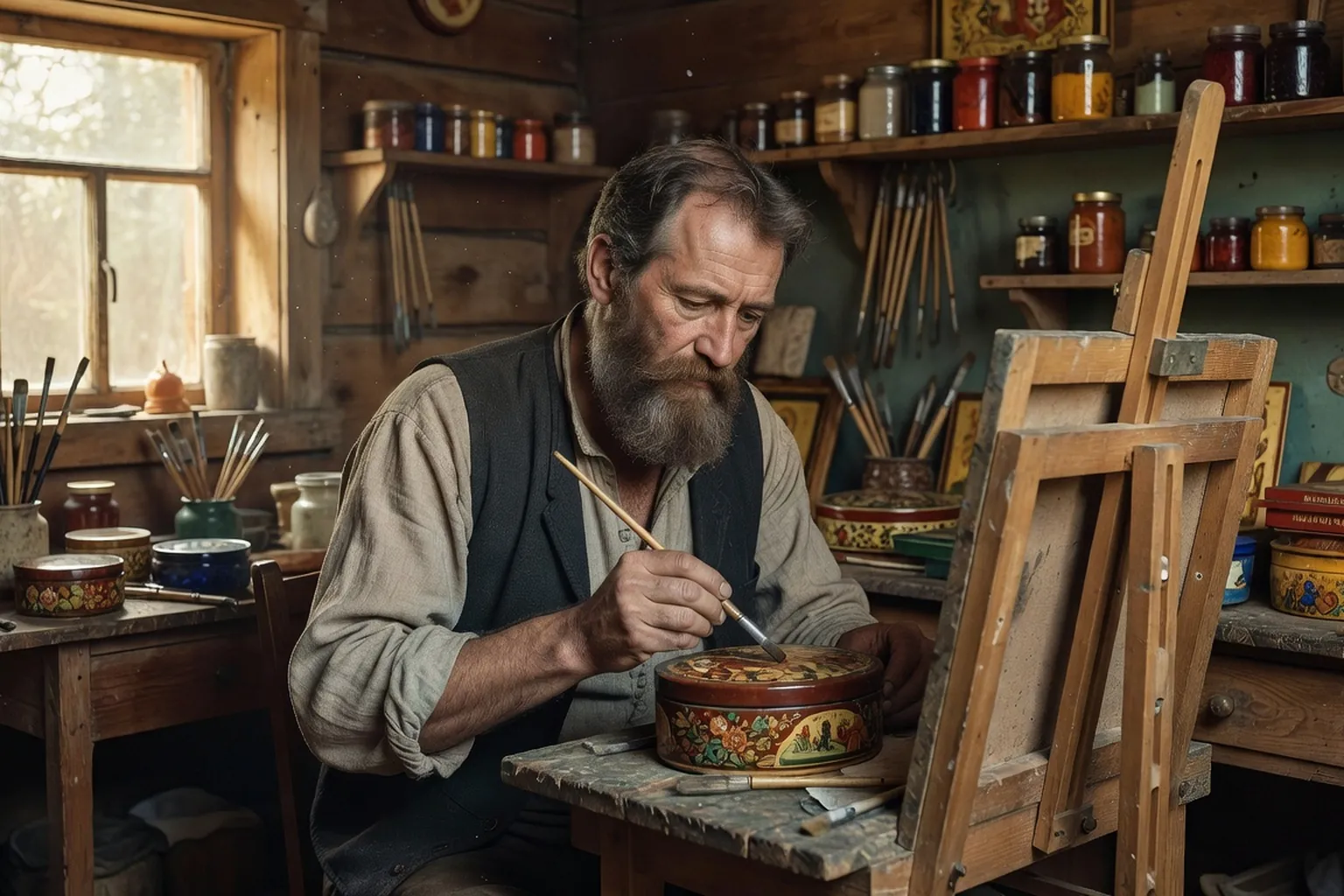 Atelier de peintres miniaturistes de Mstera dans les années 1930, lampes et pinceaux sur établis en bois