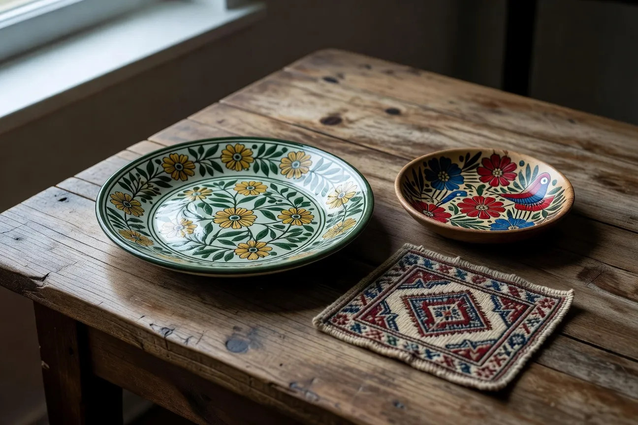 Assiette de céramique peinte de motifs floraux verts et jaunes, petit plat de bois peint de fleurs rouges et bleues et échantillon de kilim tissé, posés sur une table en bois