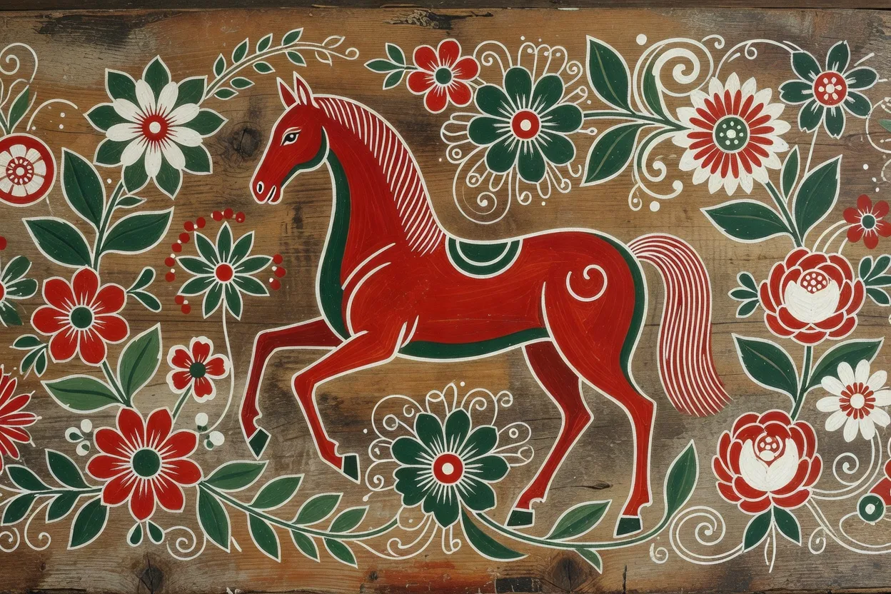 Artisan russe peignant un cheval stylisé sur une planche de bois dans l'atelier de Gorodets