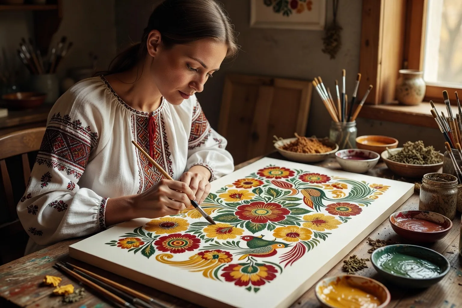 Motifs floraux de Petrykivka peints à main levée sur fond blanc