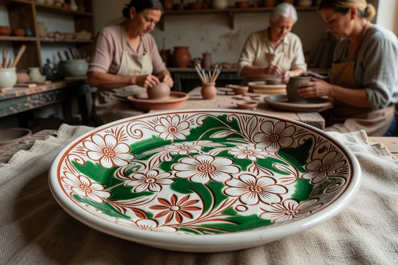 Plat de Kosiv à engobe blanc et motifs floraux sgraffites révélant l'argile rouge, vernis vert émeraude