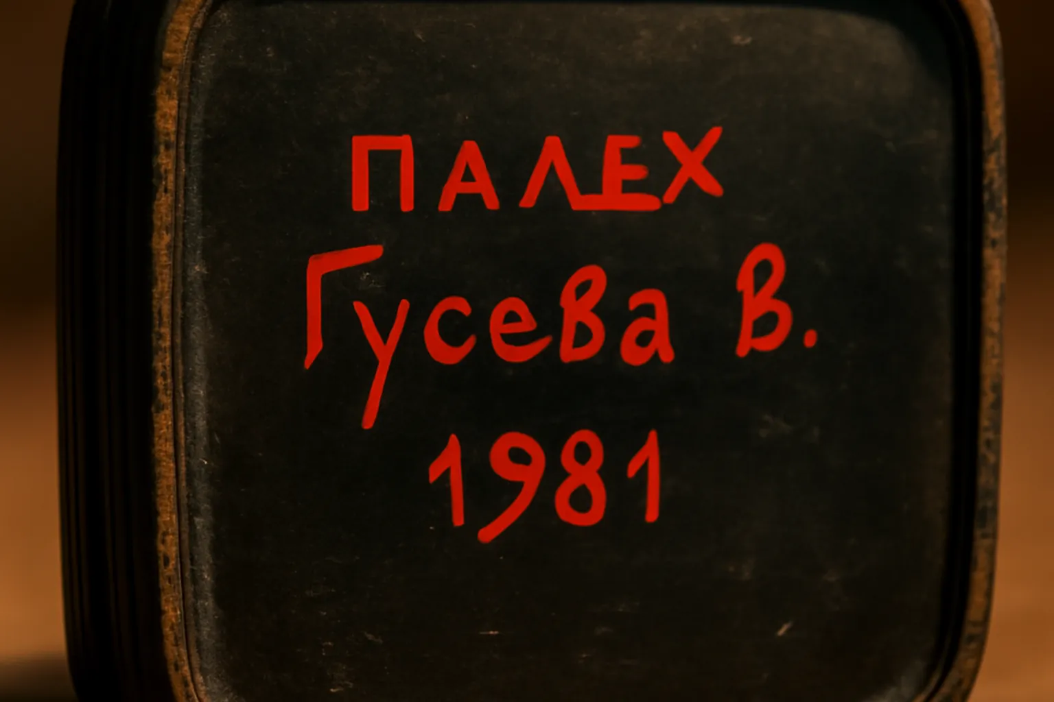 Détail d'une miniature de Palekh montrant les personnages étirés et les ornements dorés caractéristiques de l'école