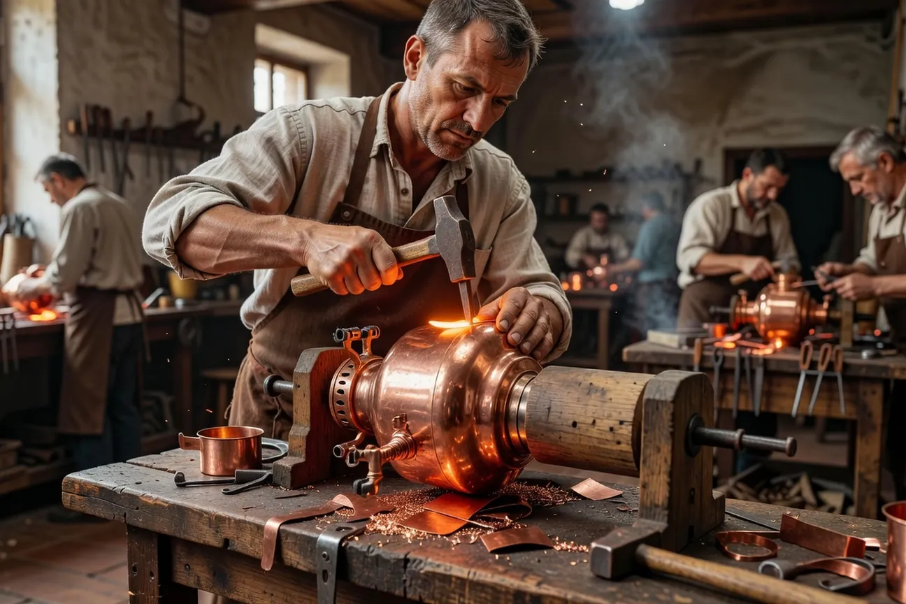 Artisan toulois battant une feuille de cuivre sur une forme en bois pour façonner la panse d'un samovar