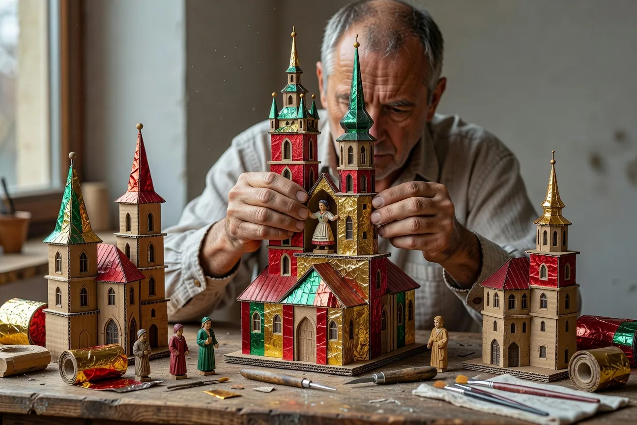 Des mains assemblent les éléments de papier, de bois et de métal coloré d'une szopka de Cracovie.