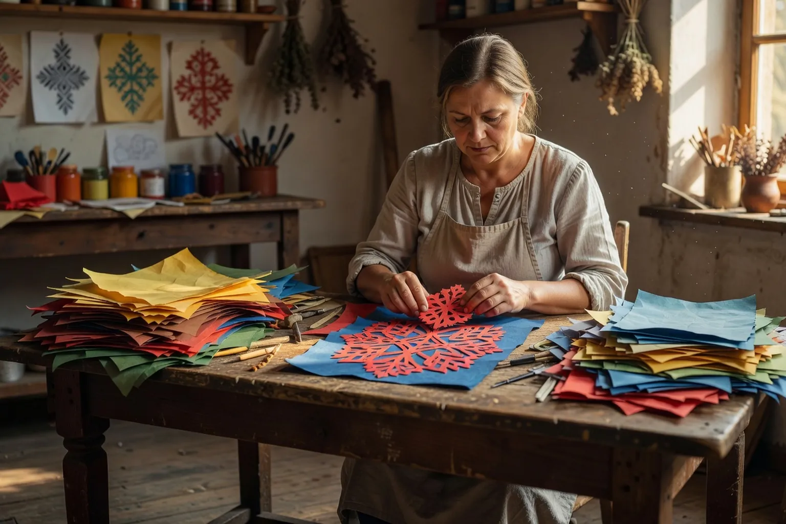 Table d'atelier à Łowicz, superposition de quatre couches de papier coloré pour composer un coq