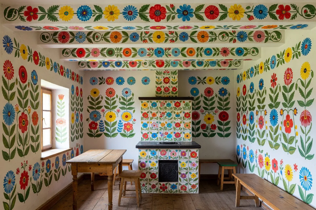 Intérieur d'une maison de Zalipie où murs, plafond, poêle et mobilier sont décorés de bouquets floraux peints.