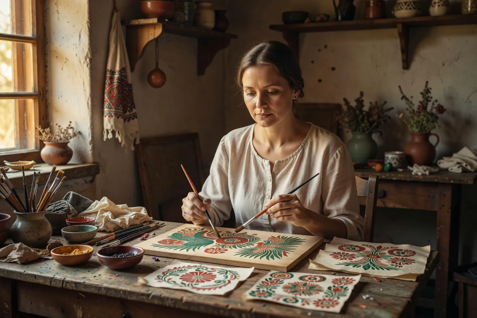 Tatyana Pata peignant des motifs floraux Petrykivka sur un plateau en bois, photographie noir et blanc années 1950