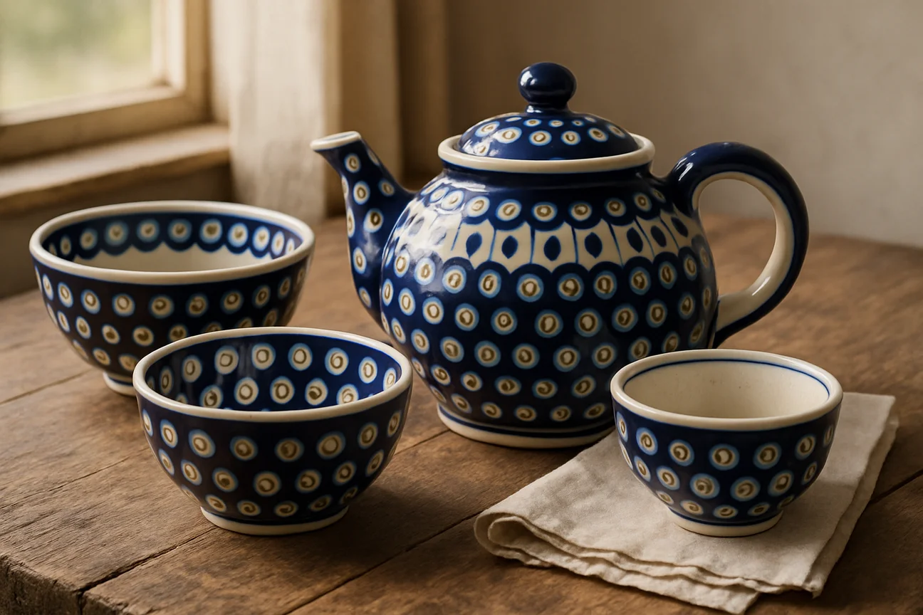 Théière et bols en céramique bleue de Bolesławiec au motif paon disposés sur une table de ferme en bois