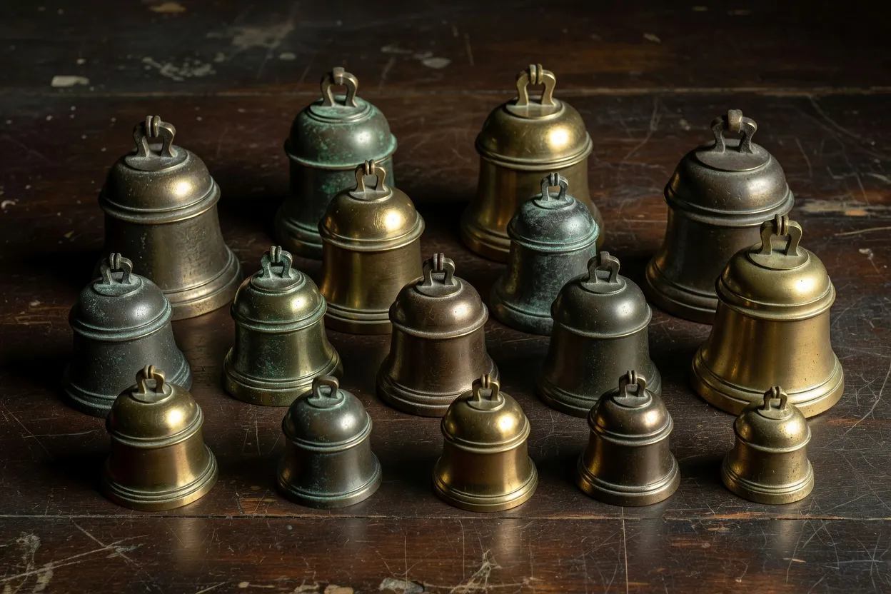 Collection de cloches anciennes de Valdaï aux patines bronze et cuivre sur un drap sombre