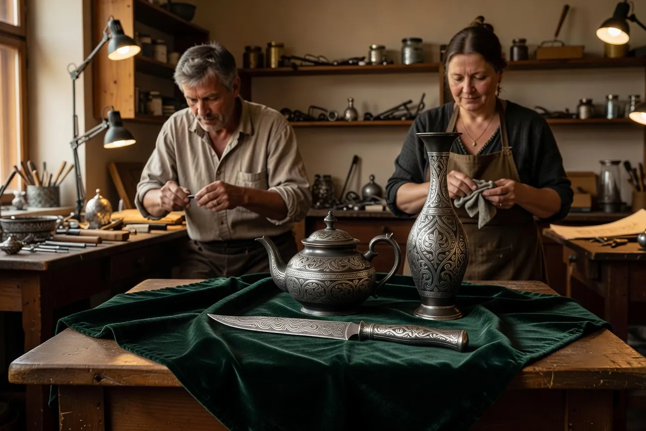 Théière, vase et couteau damasquinés d'argent posés sur un drap de velours vert foncé dans un atelier de Zlatoust