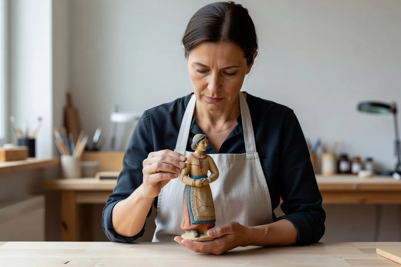 Restauratrice tenant avec précaution une figurine d'argile peinte présentant de fines fissures.