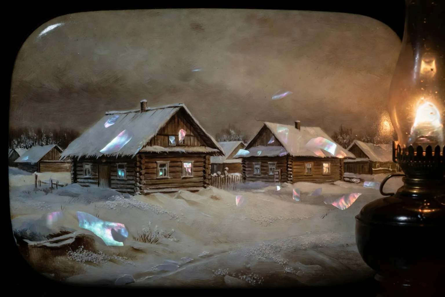 Détail d'une miniature laquée de Fedoskino avec inserts de nacre et scène de troïka d'hiver