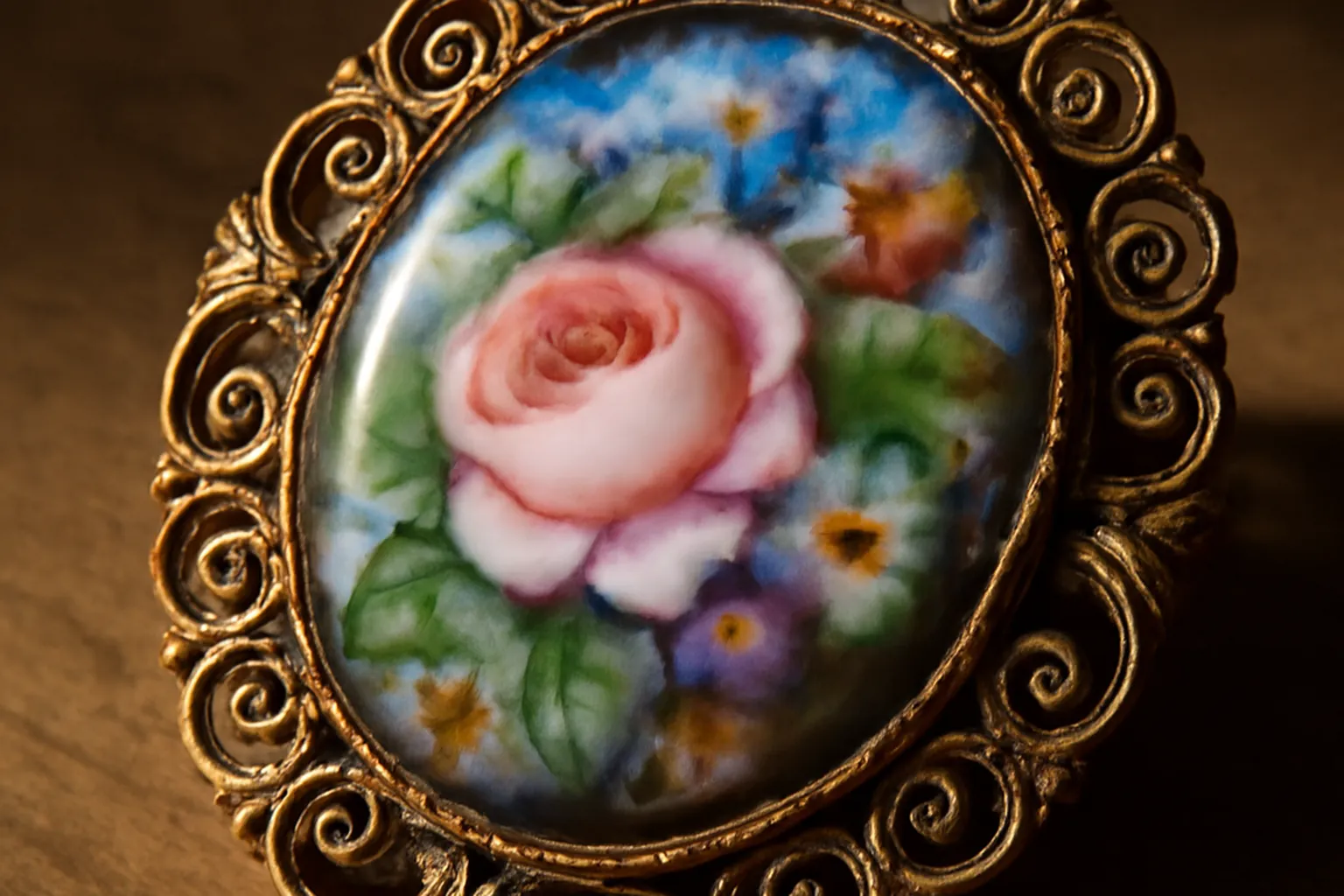 Médaillon finift terminé représentant un bouquet floral polychrome serti d'un filigrane d'argent