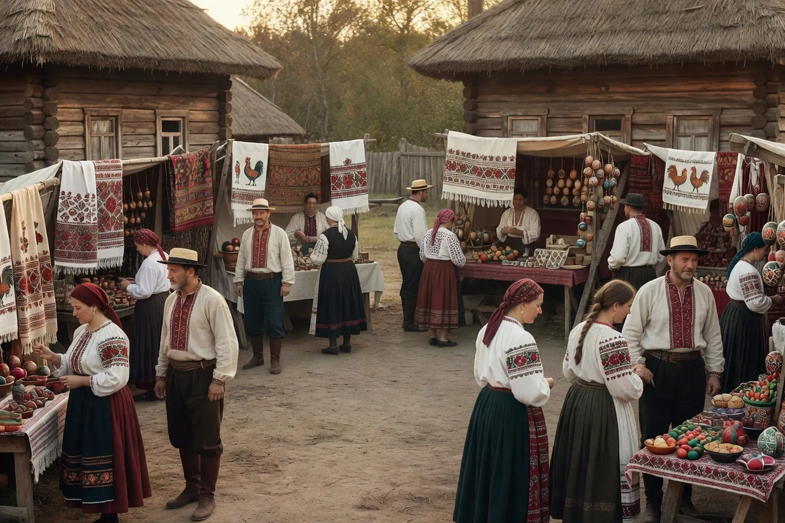 Stand de potiers à la foire de Bolesławiec, céramiques bleues sur nappe blanche, acheteurs en train d'examiner les pièces