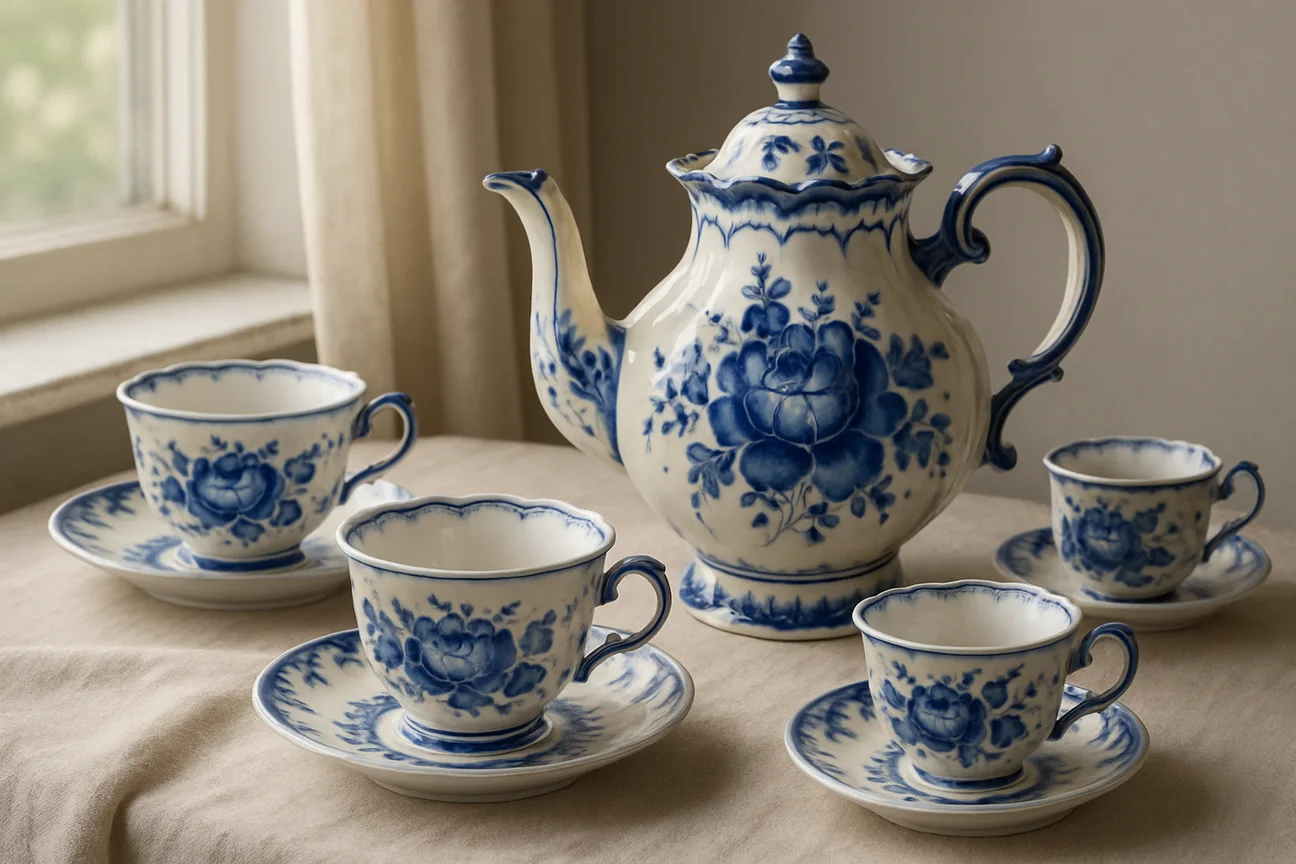 Service à thé en porcelaine de Gzhel avec théière et tasses à décor floral cobalt sur nappe de lin