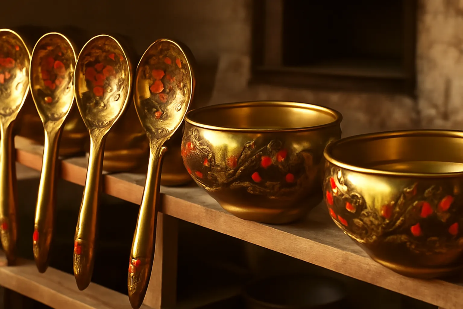 Vaisselle Khokhloma authentique alignée sur une étagère de bois avec bols dorés motifs rouges et noirs et cuillères peintes
