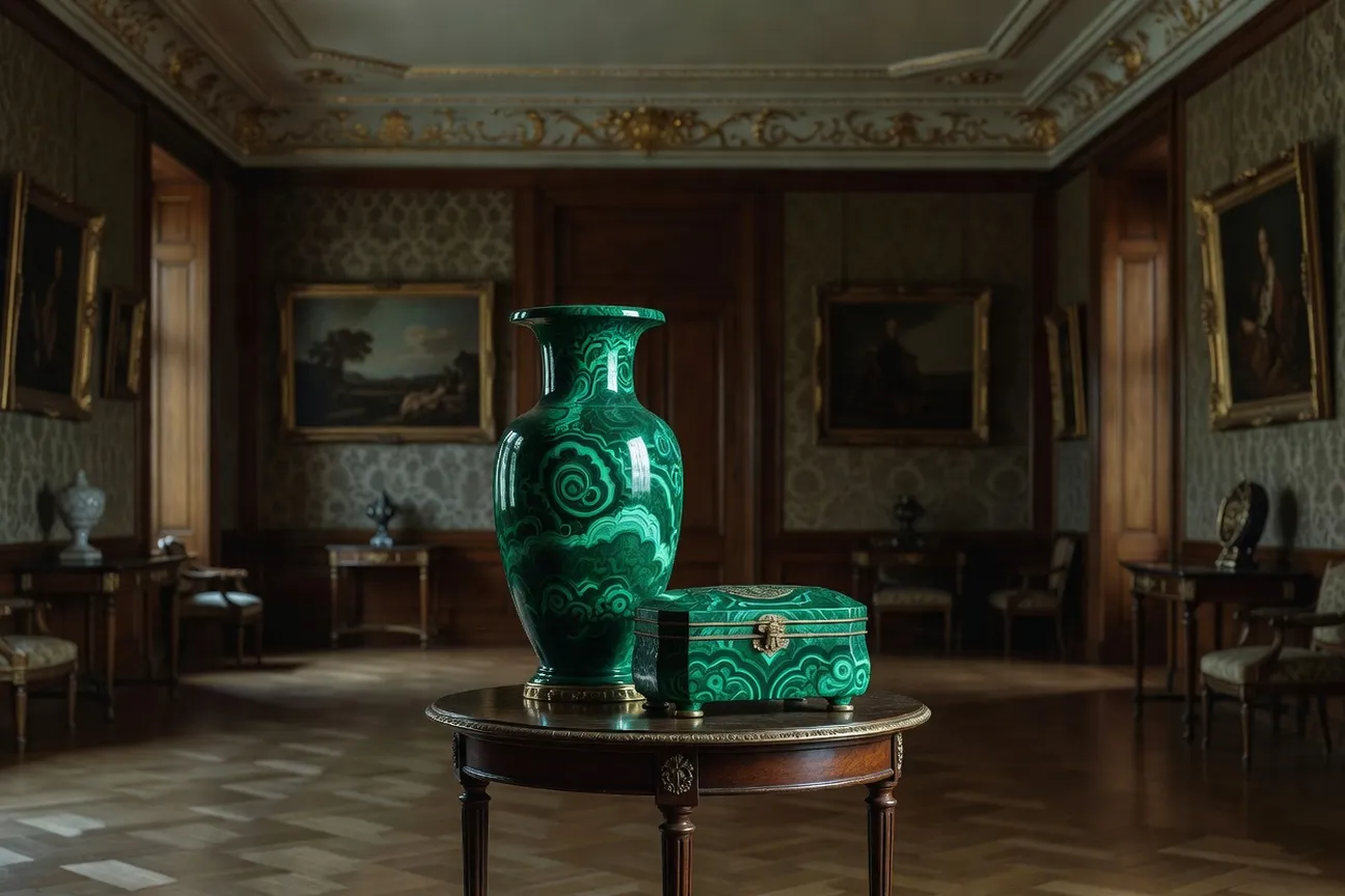 Des objets de salon en malachite disposés dans un intérieur historique aux tonalités vertes et dorées.