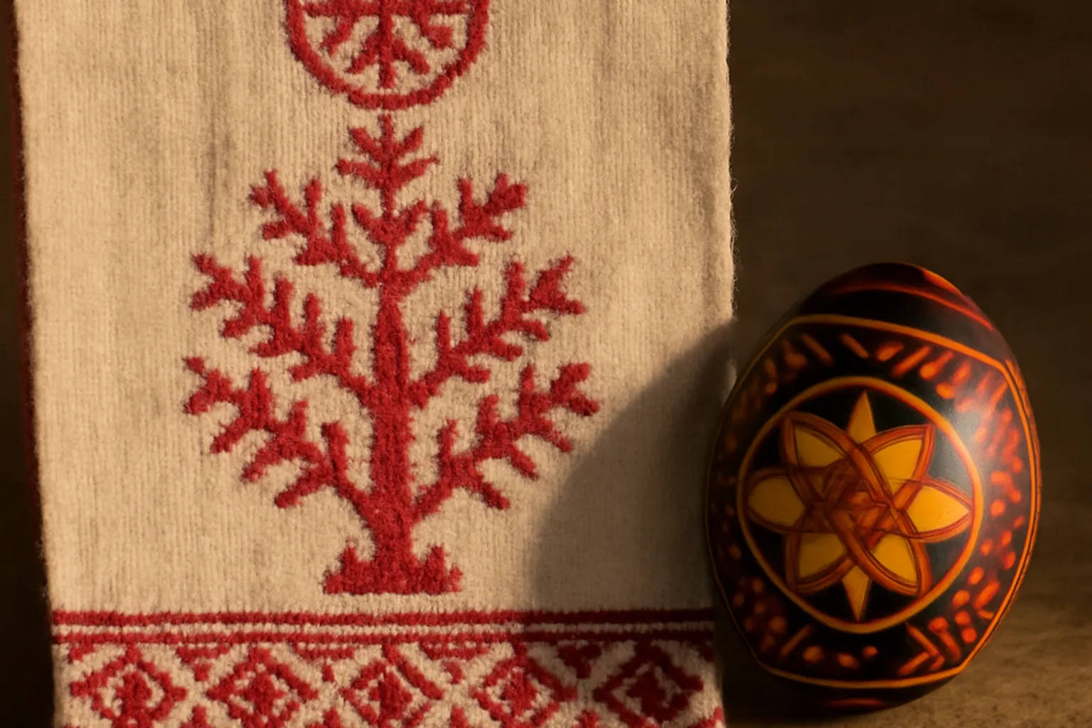 Détail de rushnik ukrainien brodé représentant un arbre de vie stylisé encadré de deux oiseaux affrontés