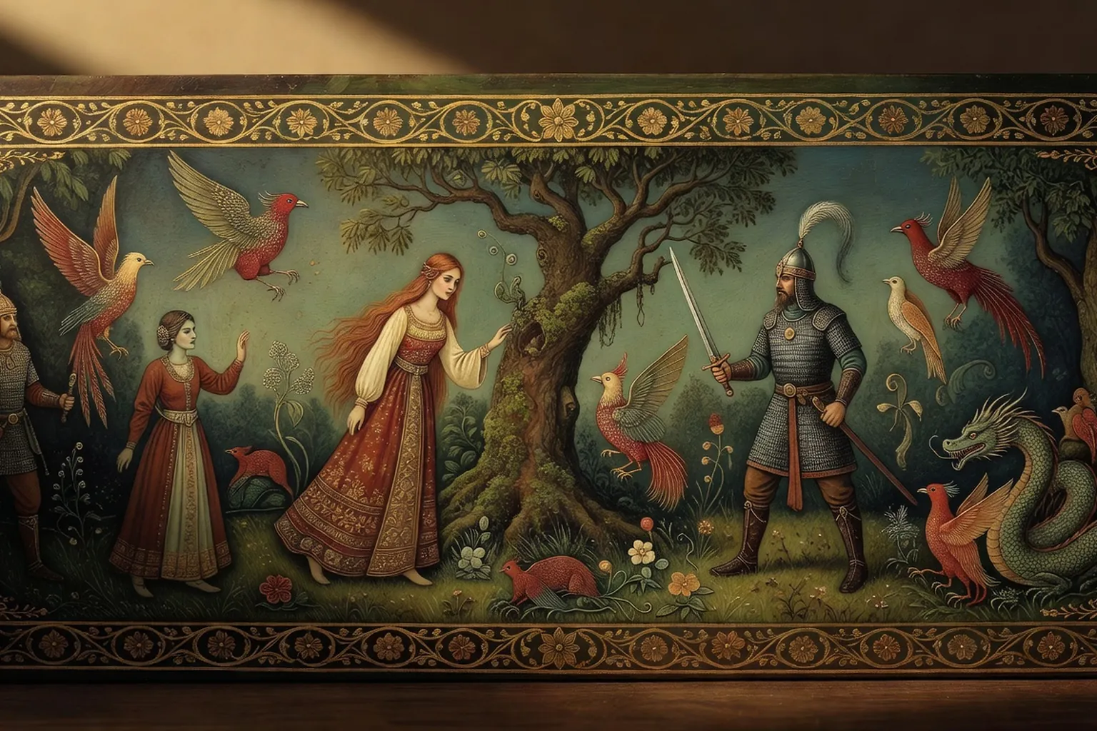 Boîte laquée de Mstera à fond bleu représentant une troïka en forêt enneigée